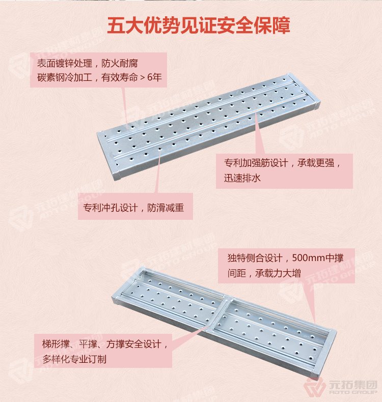 元拓 鋼制腳手架踏板 鋼跳板 鍍鋅防銹  江蘇廠家 五大優(yōu)勢(shì)見證安全保障，表面鍍鋅處理，防火耐腐，碳素鋼冷加工，壽命大于6年，加強(qiáng)筋設(shè)計(jì)，專業(yè)沖孔，防滑設(shè)計(jì)，